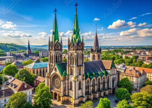 Stunning Neo-Gothic Church Tower with Clock and Spire in Lviv, Ukraine - Architectural Beauty of Saints Olha and