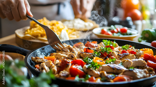 Lively Family Gathering Featuring Sizzling Chicken Fajitas and Colorful Toppings on the Table