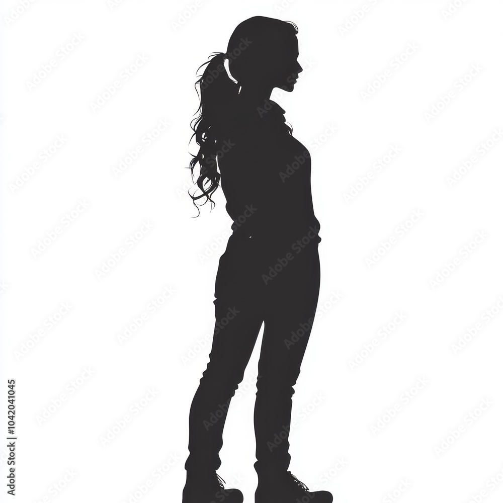 Silhouette of a young woman with long hair, standing confidently in a stylish posture against a white background. Silhouette of a young woman with long hair, standing confidently in a stylish posture against a white background.