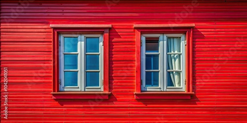 Colorful red window and detail of house exterior low angle view