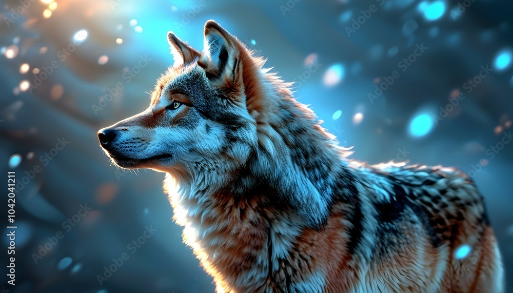 abstract swirling shades of blue and silver with a lone wolf abstract swirling shades of blue and silver with a lone wolf