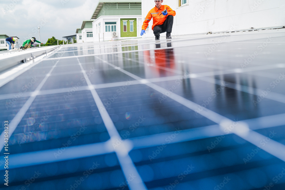 custom made wallpaper toronto digitalengineer man inspects construction of solar cell panel or photovoltaic cell by electronic device. Industrial Renewable energy of green power. factory worker working on tower roof.