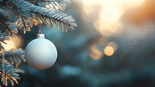 Frosted Pine Branch with Simple White Ornament and Bokeh Lights