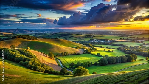 Stunning Panorama of Middle Hill and Scratchbury Hill from Battlesbury Hill in Wiltshire, UK - Medieval Strip Lynchets photo