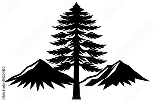 A tall cedar tree with a mountain range in the background