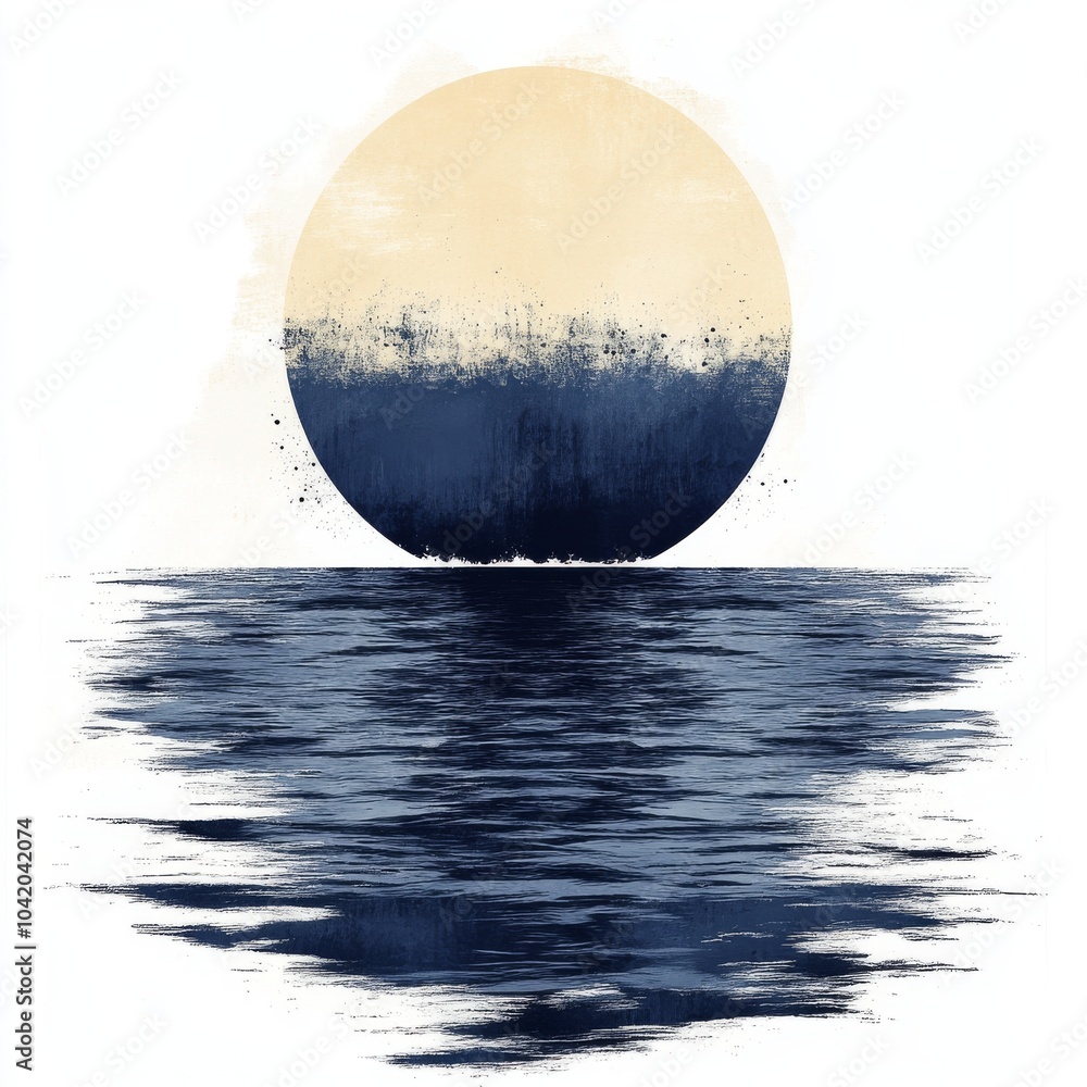 A serene sunset over a tranquil sea, featuring a large gradient sun reflecting on the water's surface. A serene sunset over a tranquil sea, featuring a large gradient sun reflecting on the water's surface.