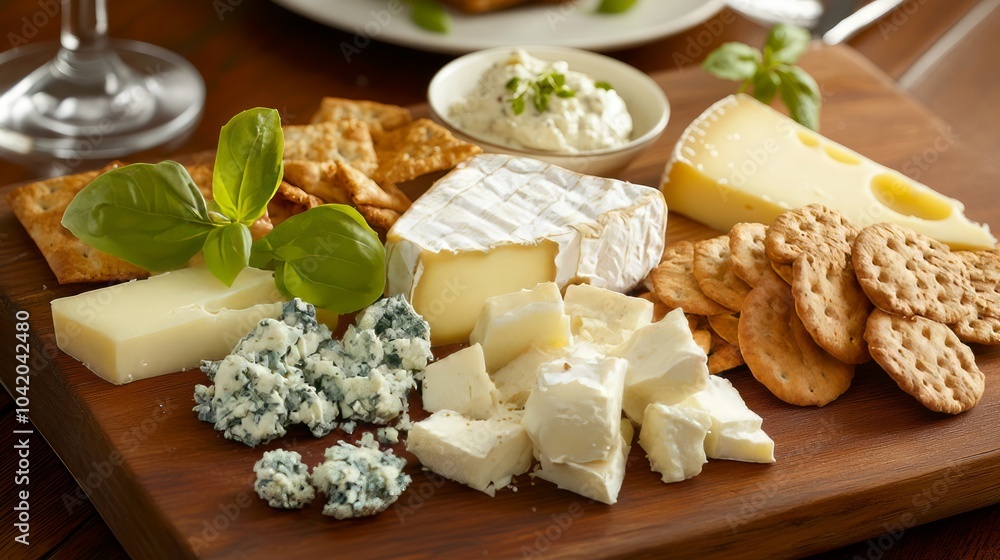 Eclectic cheese board featuring diverse cheeses Eclectic cheese board featuring diverse cheeses