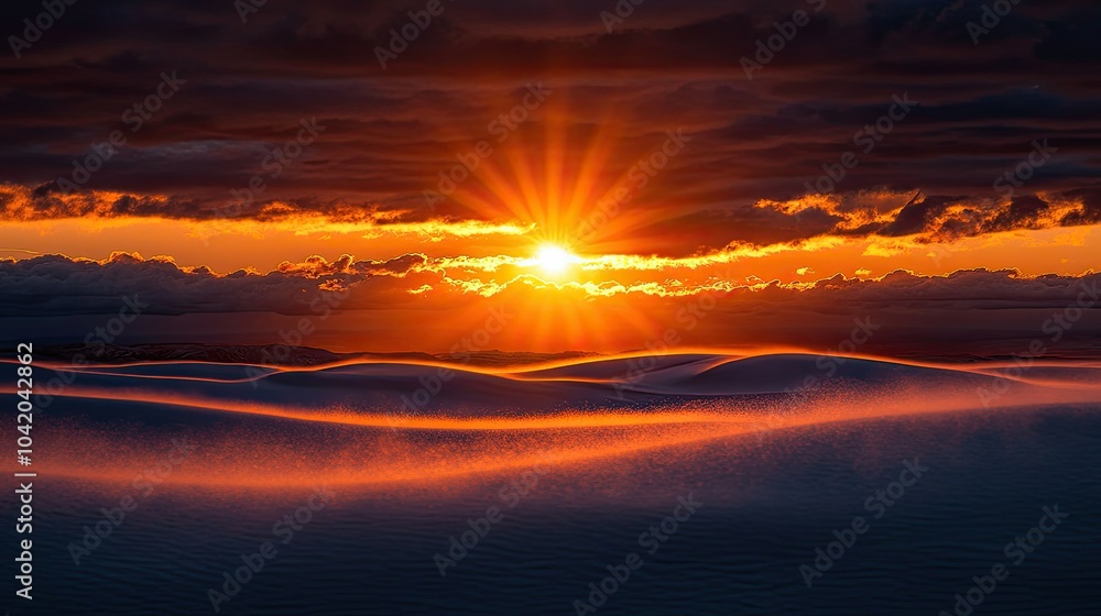 Dramatic sunset over a desert, the sun dipping behind the dunes, illuminating the clouds in orange Dramatic sunset over a desert, the sun dipping behind the dunes, illuminating the clouds in orange