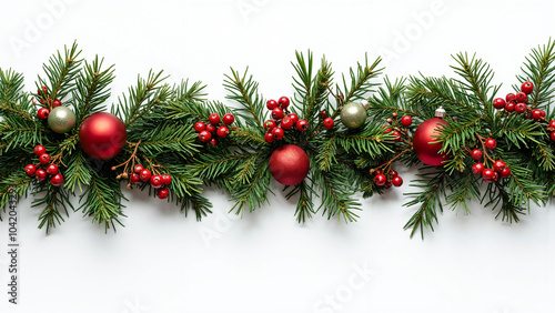 Festive Christmas Garland: Lush Green Branches with Red Berries for Holiday Marketing and Seasonal Decor