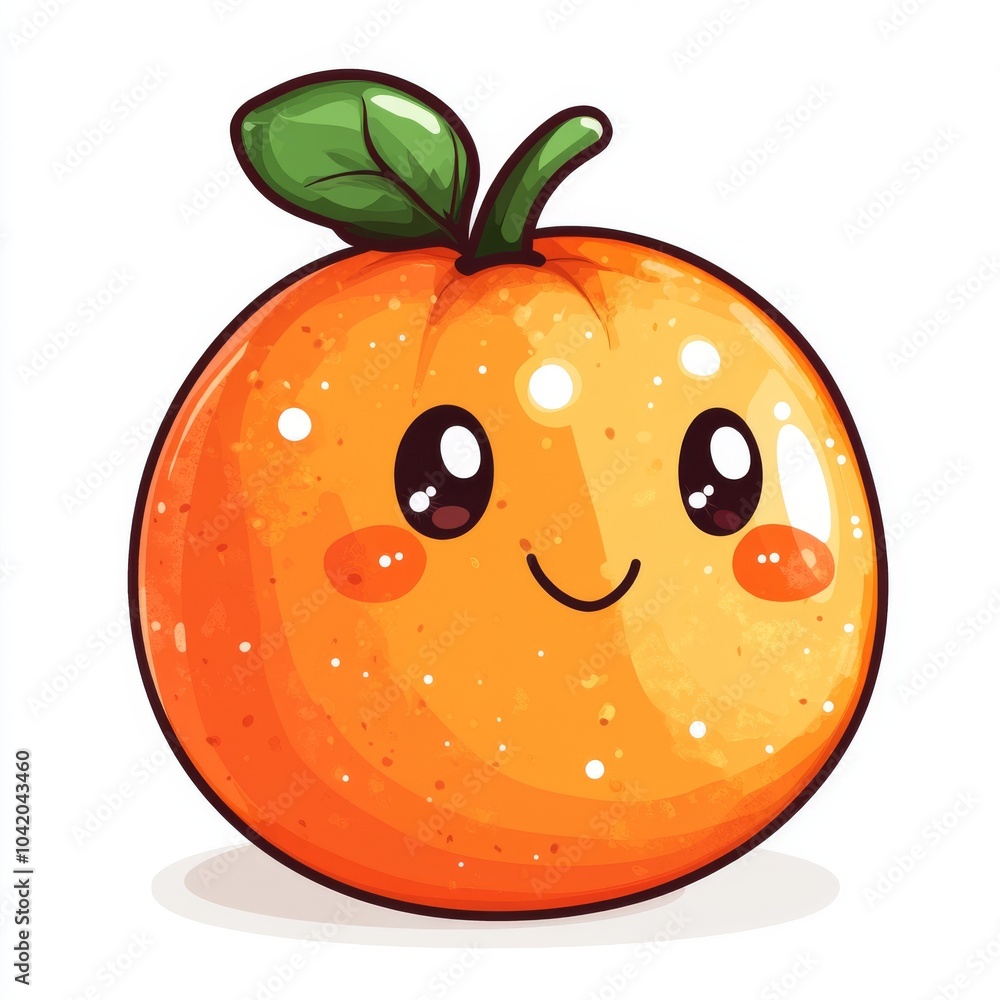 Fototapeta premium A cute cartoon orange character with a smiling face and green leaf atop, radiating joy and freshness.