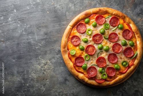 Pizza with pepperoni, cheese, and peppers on a table with condiments