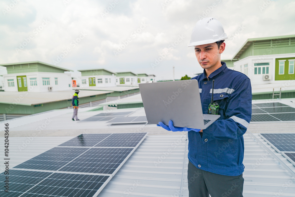 A worker in protective gear uses a laptop while inspecting solar panels on a rooftop. The image emphasizes the use of technology in managing renewable energy systems and solar power installations. A worker in protective gear uses a laptop while inspecting solar panels on a rooftop. The image emphasizes the use of technology in managing renewable energy systems and solar power installations.