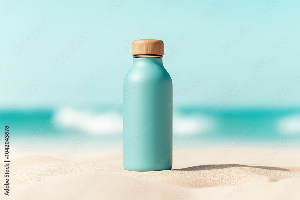 Blue reusable water bottle on sandy beach with ocean background Blue reusable water bottle on sandy beach with ocean background