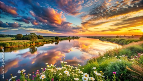 Wallpaper Mural Colorful sky over river with small flowers in high angle view Torontodigital.ca