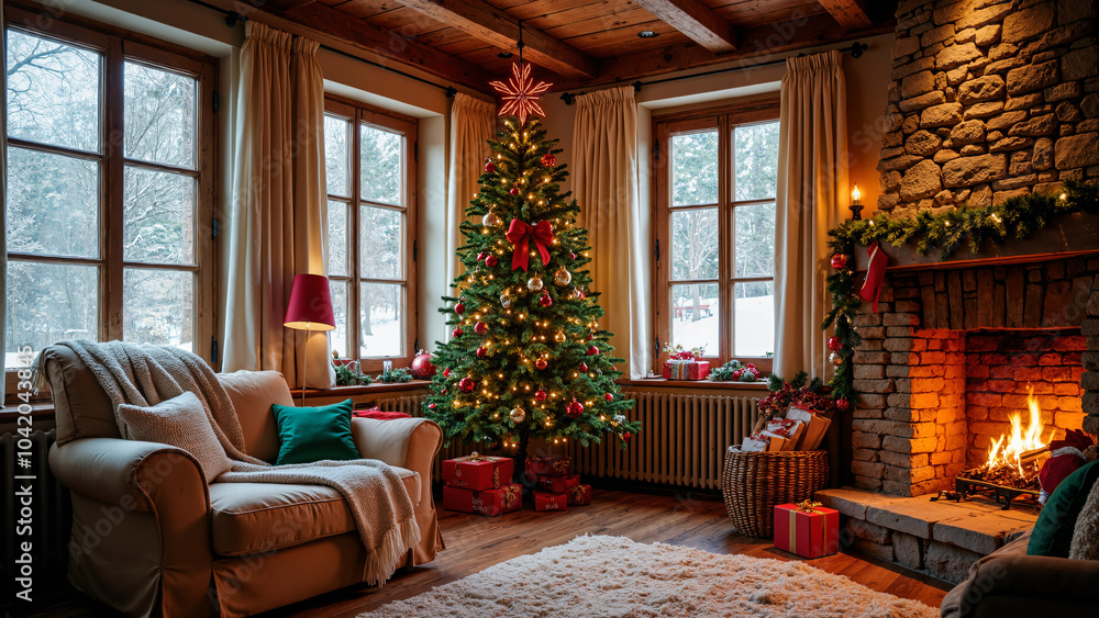 Cozy Christmas Chalet Interior: Festive Decor and Rustic Charm for Holiday Marketing and Home Design Inspiration Cozy Christmas Chalet Interior: Festive Decor and Rustic Charm for Holiday Marketing and Home Design Inspiration