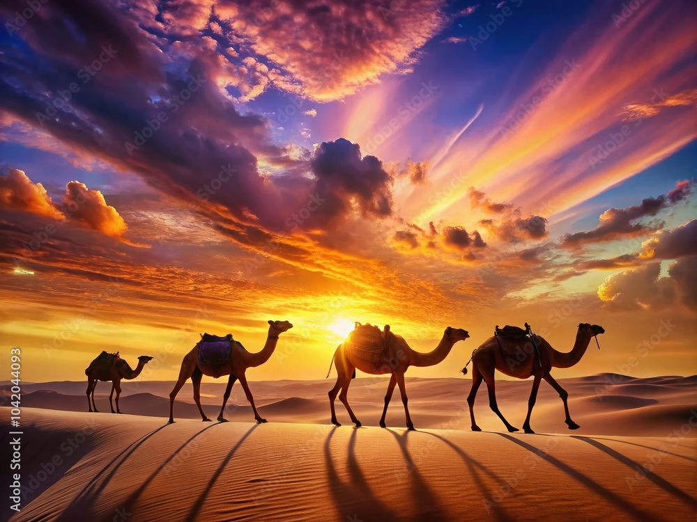 Stunning Silhouette of Camels Walking in Desert at Sunset - Breathtaking Landscape Photography