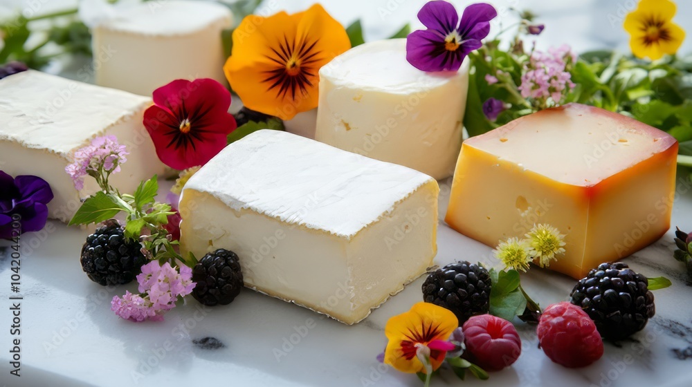 Visually striking cheese board with vibrant ricotta Visually striking cheese board with vibrant ricotta