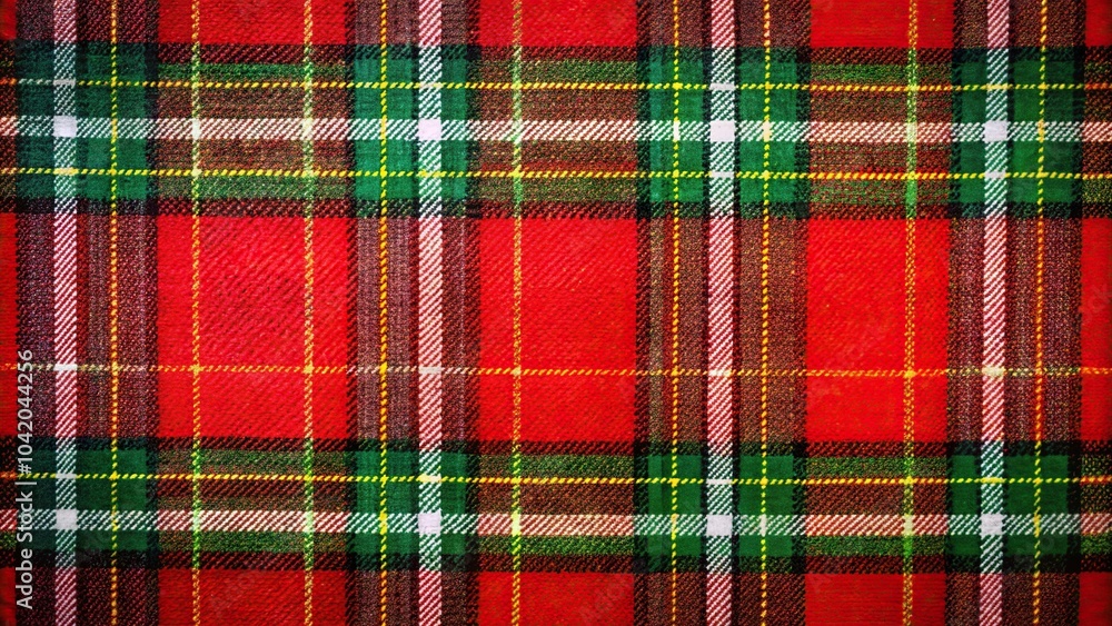 Plaid background in red and green with black, white, and yellow accents Plaid background in red and green with black, white, and yellow accents
