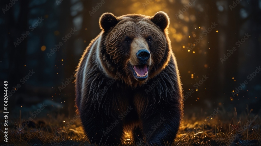 A majestic brown bear emerges from the shadows of a dark forest, illuminated by a burst of golden light. Its thick, shaggy fur is a rich brown color, contrasting with the surrounding darkness. A majestic brown bear emerges from the shadows of a dark forest, illuminated by a burst of golden light. Its thick, shaggy fur is a rich brown color, contrasting with the surrounding darkness.