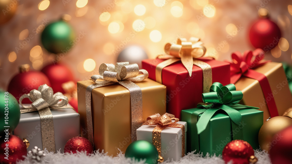 Festive Gift Boxes Floating on Sparkling Backdrop: Perfect for Holiday Ads, E-commerce, and Seasonal Promotions Festive Gift Boxes Floating on Sparkling Backdrop: Perfect for Holiday Ads, E-commerce, and Seasonal Promotions