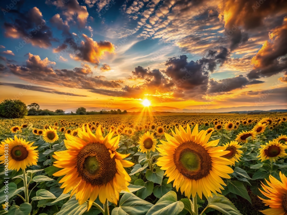 Fototapeta premium Stunning Sunflower Field at Sunset - Vibrant Colors and Serene Landscape for Nature Lovers