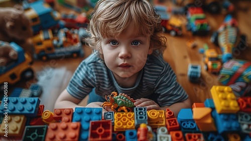 a top view of a kid playing with a few toys like a spider, a robot, Generative Ai 