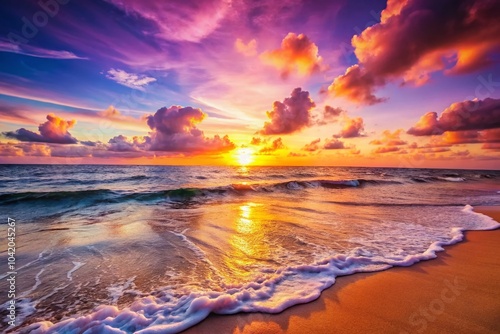 Stunning Sunset Over Ocean Horizon with Gentle Waves and Clear Sky for Serene Weather Photography
