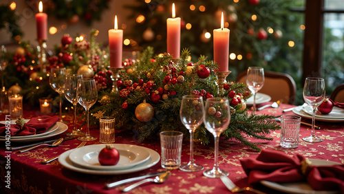 Elegant Christmas Dinner Table: Luxurious Holiday Feast Setting for Festive Gatherings and Fine Dining Promotions