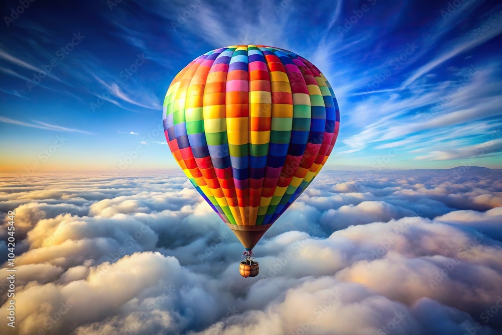Fototapeta premium Colorful hot air balloon floating above clouds in a symmetrical composition