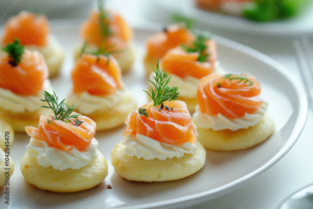 Elegant canapes with smoked salmon, cream cheese, and dill, beautifully arranged on a plate, perfect for a gourmet appetizer. Copy space Elegant canapes with smoked salmon, cream cheese, and dill, beautifully arranged on a plate, perfect for a gourmet appetizer. Copy space