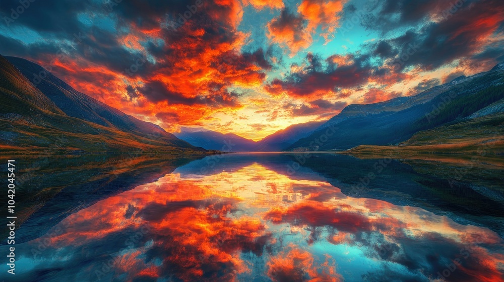 Obraz premium Fiery clouds reflecting the sunset over a mountain range, creating a dramatic skyscape