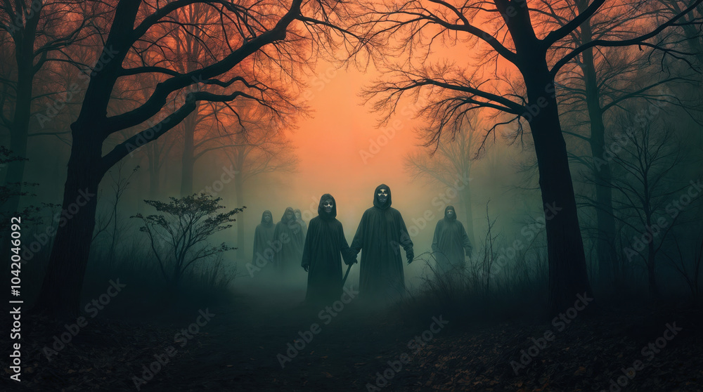 Eerie silhouettes of hooded figures emerge from misty forest at dusk, bare trees frame ominous scene with orange sky, creating haunting Halloween atmosphere Eerie silhouettes of hooded figures emerge from misty forest at dusk, bare trees frame ominous scene with orange sky, creating haunting Halloween atmosphere