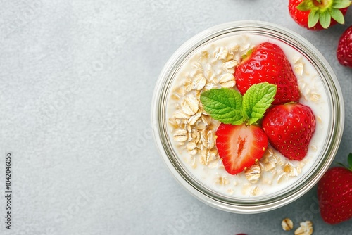 Glass jar with overnight oats with fresh strawberries.