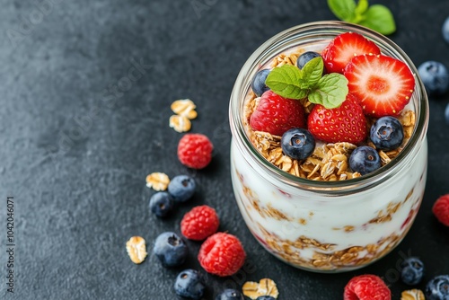 Glass jar with overnight oats with fresh strawberries.