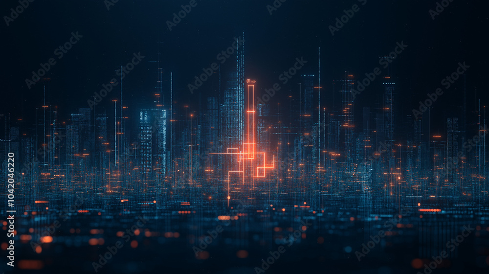 Naklejka premium Futuristic smart city filled with wifi signals, network hubs glowing, buildings connected through visible data streams, digital innovation