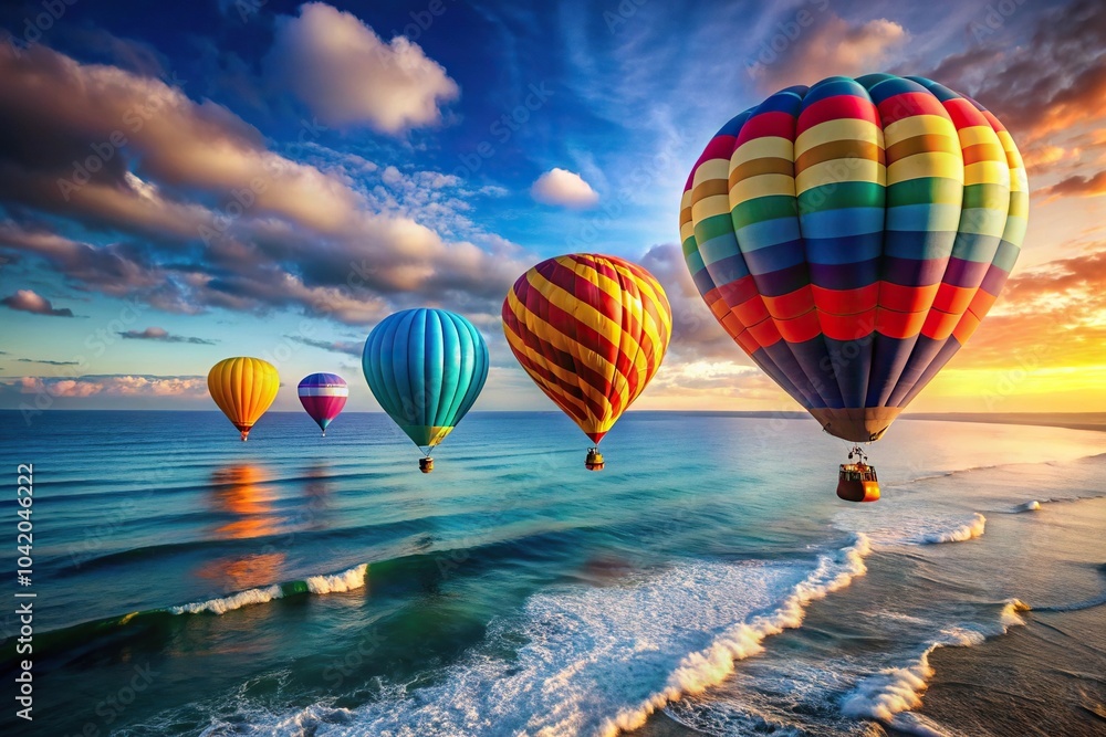 Obraz premium Colorful hot air balloons flying over ocean