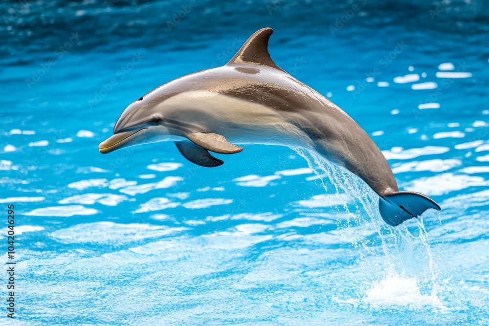 Naklejka premium Playful dolphin leaps beneath bright sunlight creating a sparkling display on the water surface
