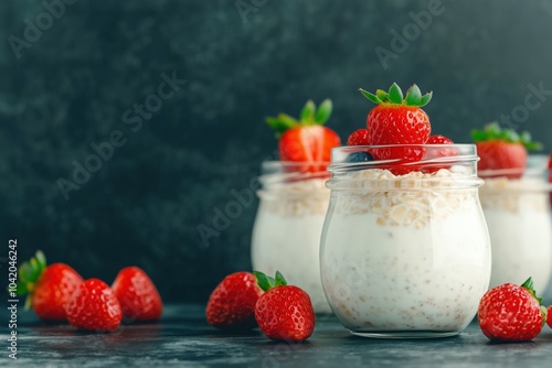 Glass jar with overnight oats with fresh strawberries.