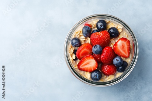 Glass jar with overnight oats with fresh strawberries.