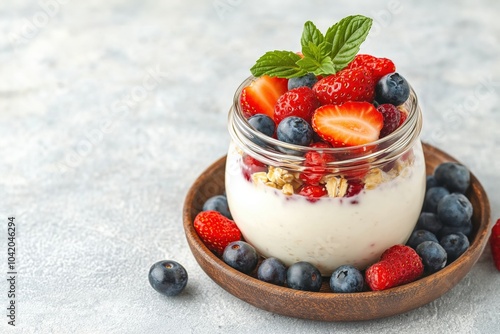 Glass jar with overnight oats with fresh strawberries.