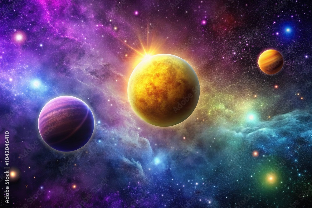 Colorful space scene with purple and yellow planets and lots of stars in silhouette Colorful space scene with purple and yellow planets and lots of stars in silhouette