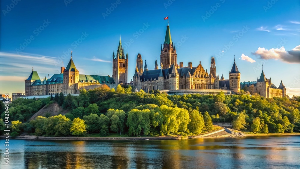 Naklejka premium Stunning View of Parliament Hill in Downtown Ottawa, Canada - Iconic Landmarks and Scenic Beauty