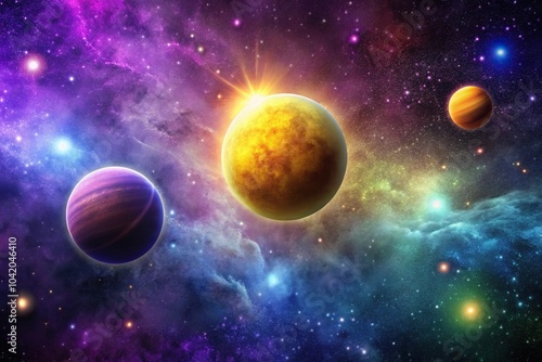 Fototapeta Naklejka Na Ścianę i Meble -  Colorful space scene with purple and yellow planets and lots of stars in silhouette