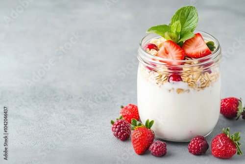 Glass jar with overnight oats with fresh strawberries.