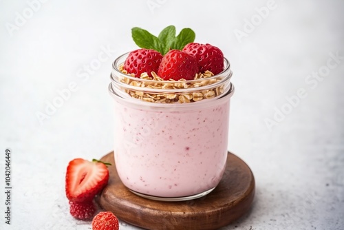 Glass jar with overnight oats with fresh strawberries.