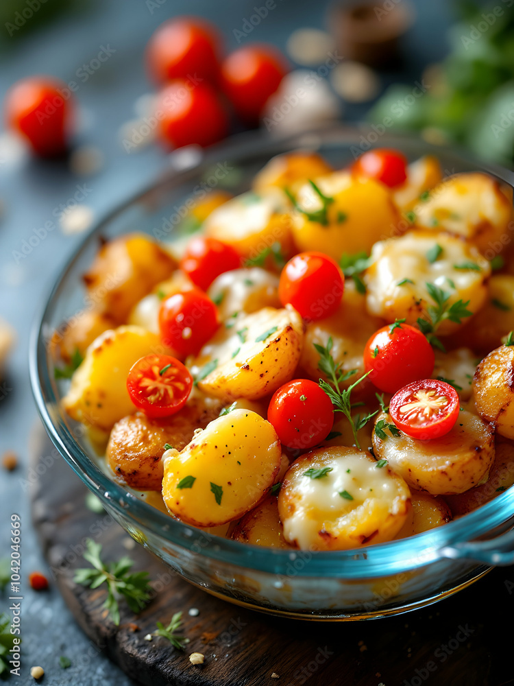 Roasted Potatoes with cheese and tomatoes in a glass dish. Roasted Potatoes with cheese and tomatoes in a glass dish.