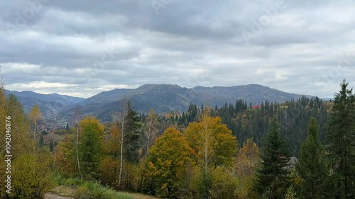 The landscape of Carpathian Mountains in the sunny weather. Perfect weather condition in the autumn season