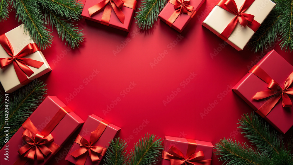 Festive Christmas Gifts and Fir Branches on Red: Perfect for Holiday Marketing, E-commerce, and Seasonal Promotions Festive Christmas Gifts and Fir Branches on Red: Perfect for Holiday Marketing, E-commerce, and Seasonal Promotions