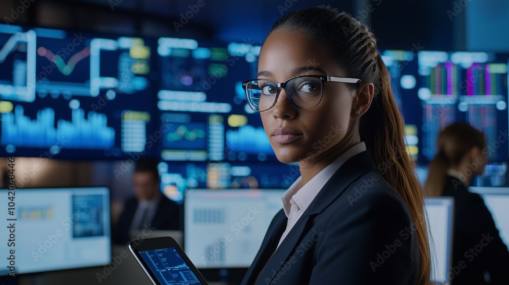 Young Female Employee Using Tablet in High-Tech Control Room Young Female Employee Using Tablet in High-Tech Control Room