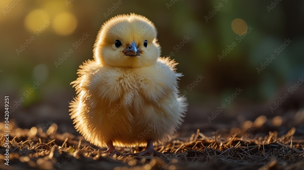 A tiny, fluffy chick explores a grassy field, bathed in warm sunlight. Its soft, yellow feathers are ruffled, and its big, curious eyes sparkle with wonder. A tiny, fluffy chick explores a grassy field, bathed in warm sunlight. Its soft, yellow feathers are ruffled, and its big, curious eyes sparkle with wonder.